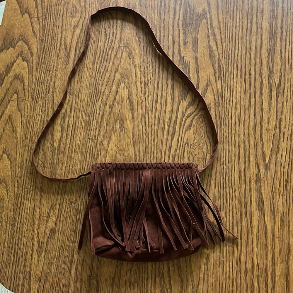 Girls Fringe crossbody purse brown microsuede